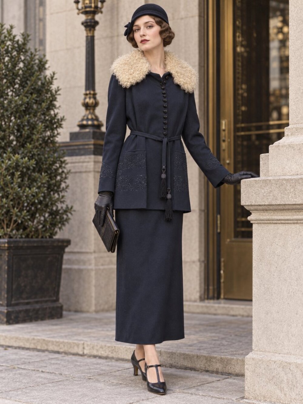 ⛲️SUPER RARE 1920s Navy Wool Walking Suit with Persian Lamb Collar & Silk Embroi
